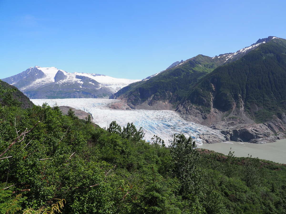 The shrinking Mendenhall Glacier, a victim of the climate crisis, is seen from the West Glacier Trail (Photo: Andrew Villeneuve)