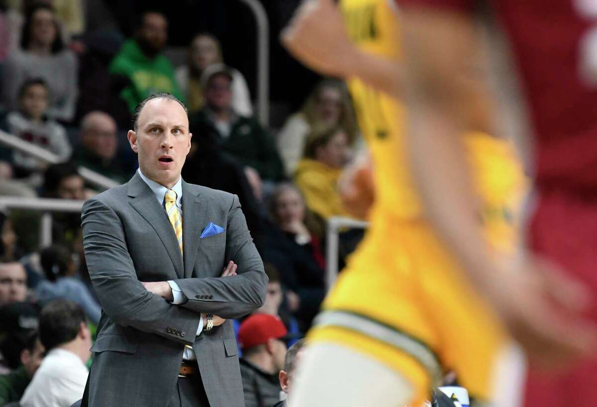 Siena head coach Carmen Maciariello instructs his players against Rider during the first half of an NCAA basketball game Friday, Feb.14, 2020, in Albany, N.Y. (Hans Pennink / Special to the Times Union) ORG XMIT: 021520_siena_HP121