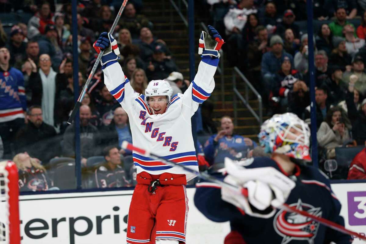 New York Rangers' Ryan Strome celebrates a Rangers goal against the Columbus Blue Jackets during the third period of an NHL hockey game Friday, Feb. 14, 2020, in Columbus, Ohio. The Rangers won 3-1. (AP Photo/Jay LaPrete)