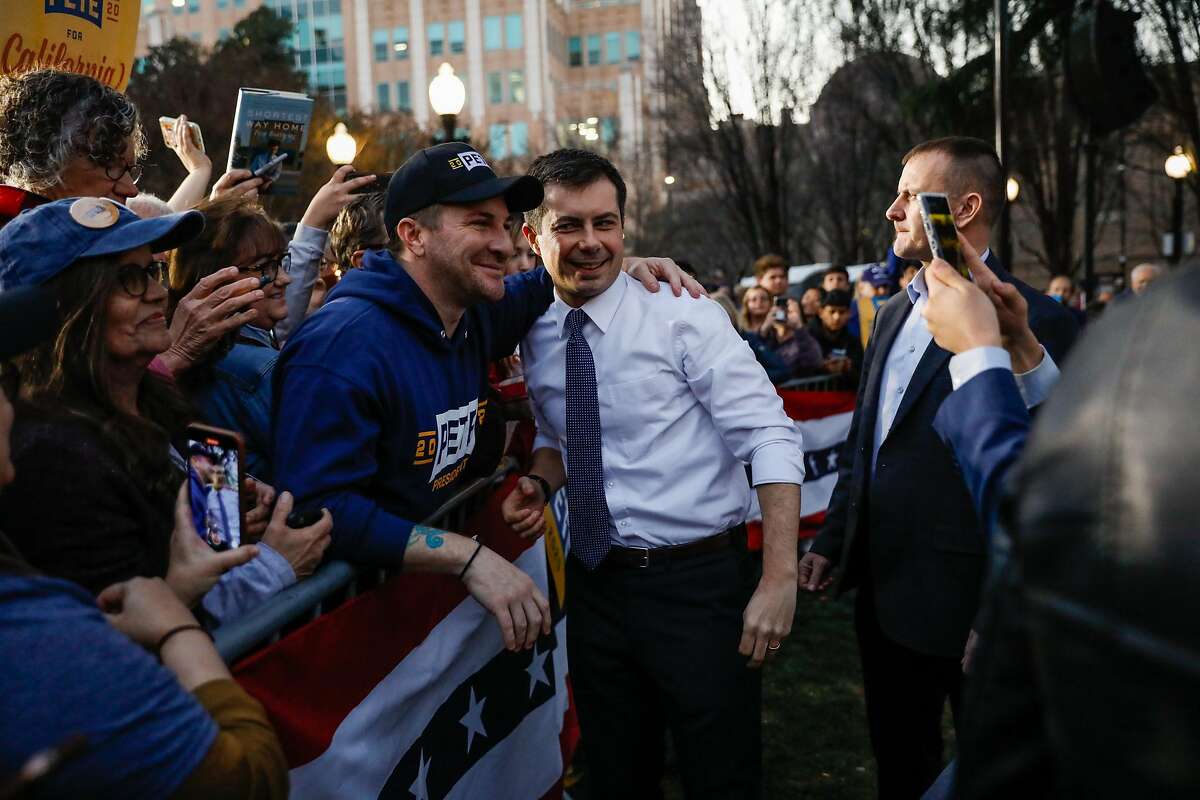 Democratic presidential candidate and former South Bend, Indiana Mayor Pete Buttigieg greets supporters at a campaign rally at Cesar Chavez Plaza in Sacramento, California on Friday, Feb. 14, 2020.