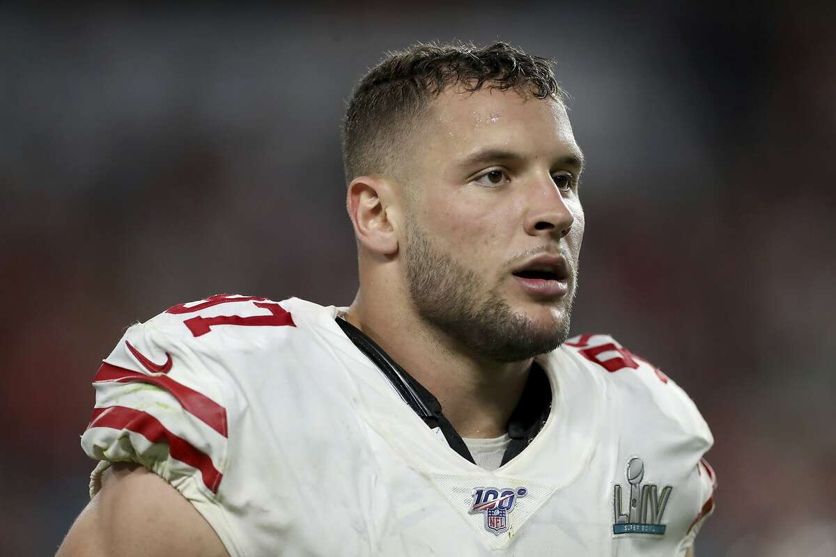 San Francisco 49ers defensive end Nick Bosa (97) walks off the field against the Kansas City Chiefs at Super Bowl 54 on Feb. 2, 2020, in Miami Gardens, Fla. The Chiefs won the game 31-20. (AP Photo/Gregory Payan)
