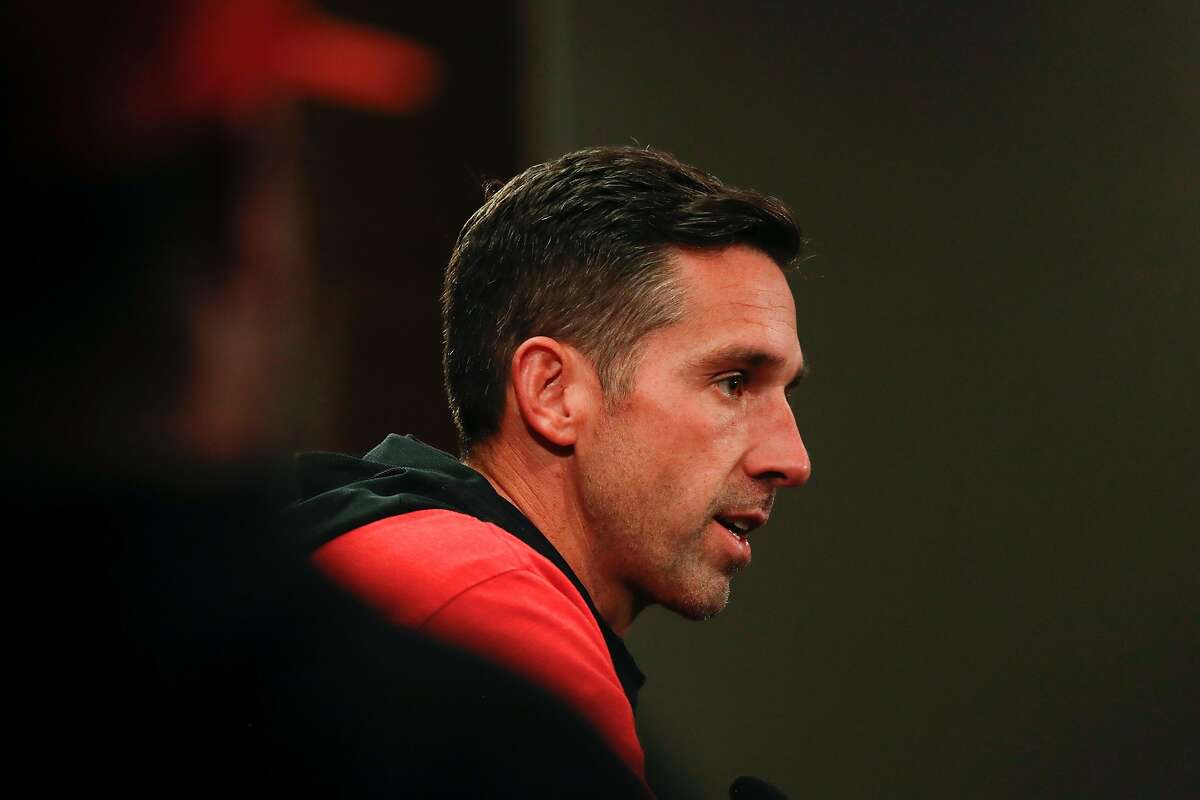 49ers head coach Kyle Shanahan addresses the media after practice at 49ers headquarters on Friday, Jan. 24, 2020 in Santa Clara, Calif.