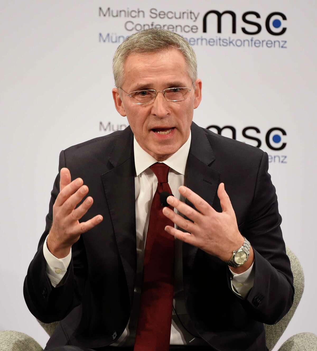 NATO Secretary General Jens Stoltenberg speaks on the second day of the Munich Security Conference in Munich, Germany, Saturday, Feb. 15, 2020. (AP Photo/Jens Meyer)