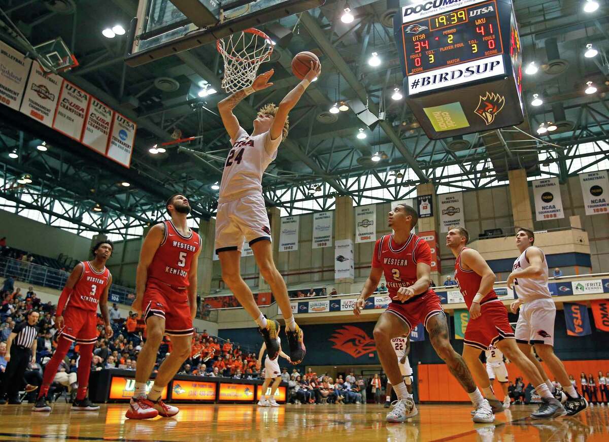 UTSA center Jacob Germany scores in the first half at UTSA Convocation Center on Saturday, February, 15, 2020. Western Kentucky Hilltoppers defeated UTSA in OT 77-73.