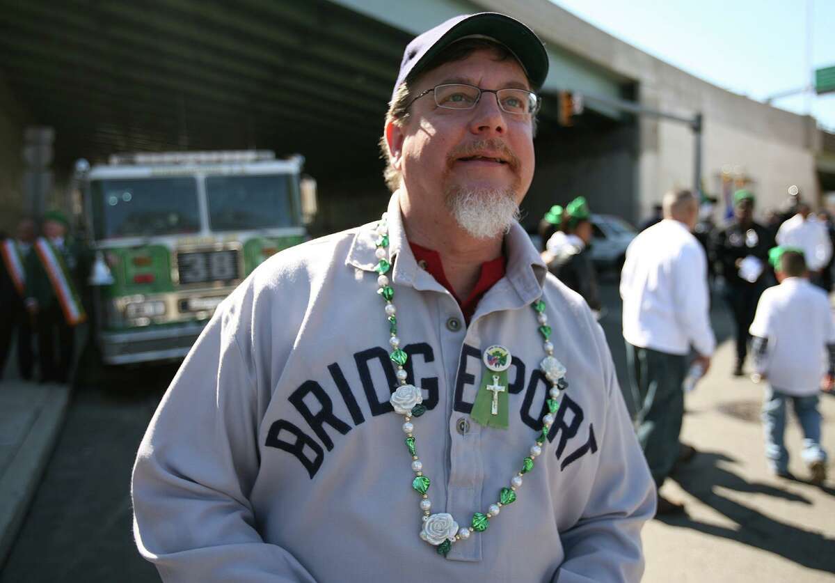 Michael Bielawa, an author, historian, Bridgeport librarian, wears his Bridgeport Orators uniform while marching in Bridgeport’s St. Patrick’s Day Parade.