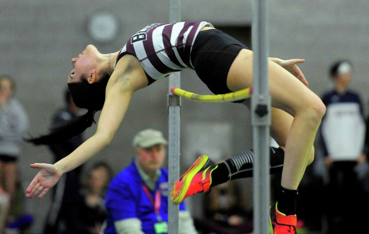 Bethel’s Vassa Rezvaya competes in the high jump during the Class M championships action in New Haven on Saturday.