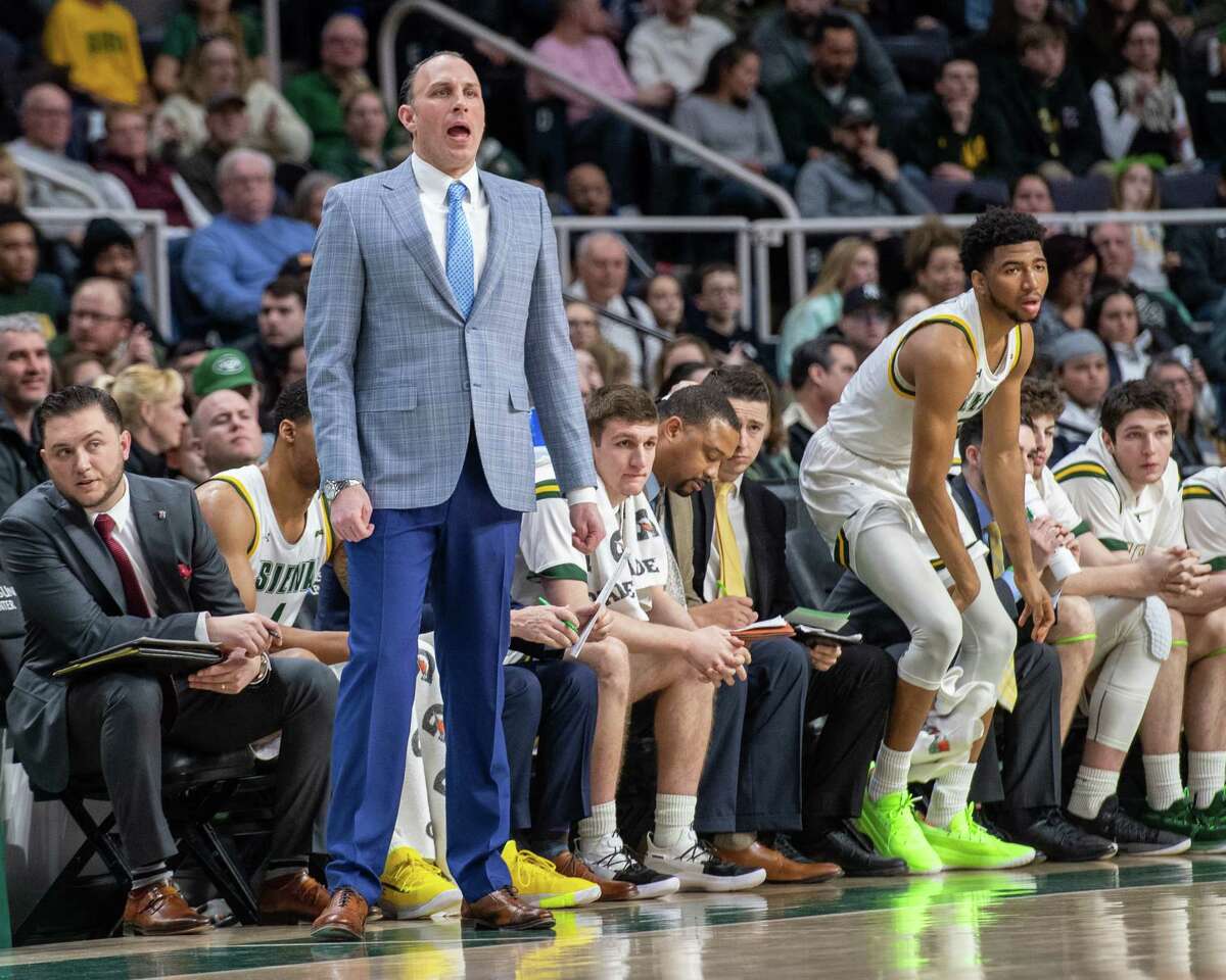 Siena College head basketball coach Carmen Maciariello during a Metro Atlantic Athletic Conference game against Manhattan at the Times Union Center in Albany, NY on Sunday, Feb. 16, 2020 (Jim Franco/Special to the Times Union.)