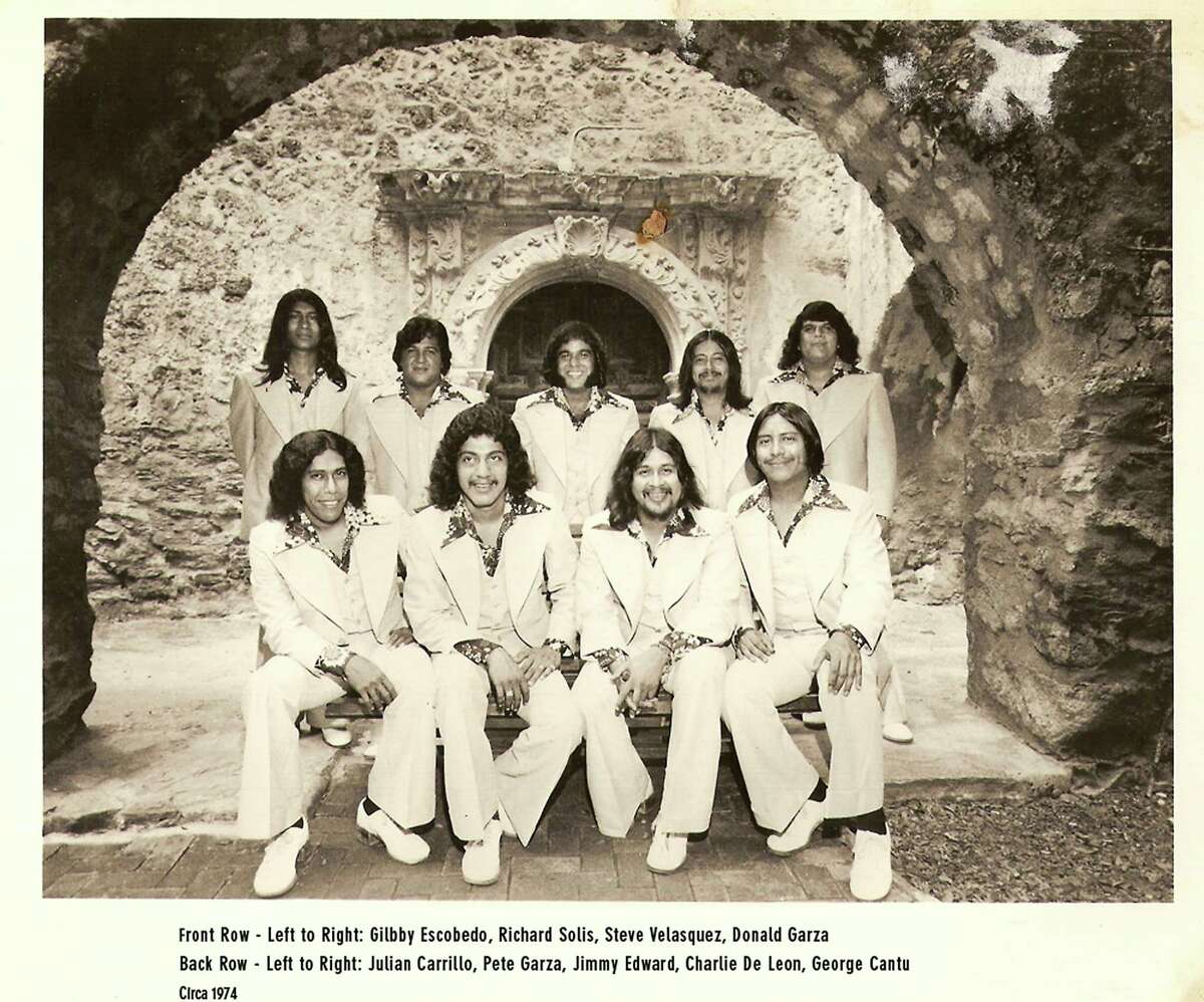 The Latin Breed, '70s edition: Front row, from left, Gilbby Escobedo, Richard Solis, Steve Velasquez, Donald Garza. Back row, from left, Julian Carrillo, Pete Garza, Jimmy Edward, Charlie De Leon, George Cantu. Edward died Sunday at the age of 68.