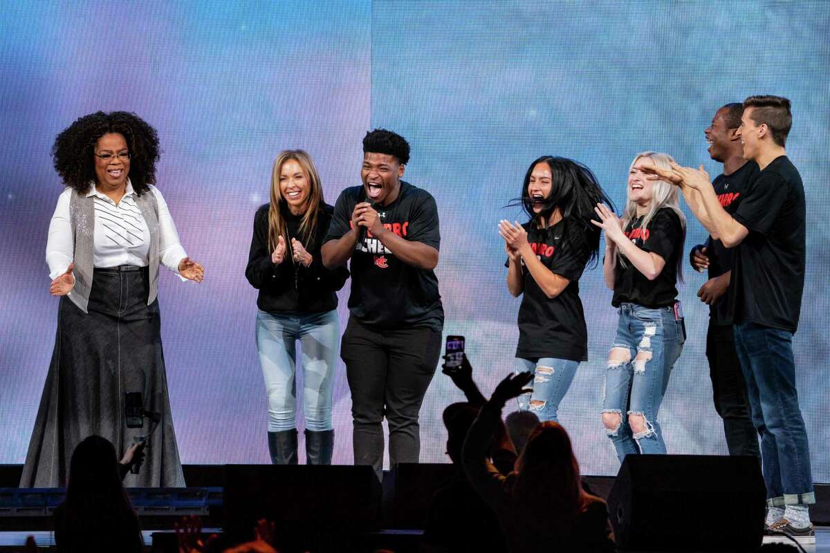 Oprah Winfrey speaks with the stars of Netflix's "Cheer," (L-R) Monica Aldama, Jerry Harris, Gaby Butter, Lexi Brumback, TT Baker and Dillion Brandt during Oprah's 2020 Vision: Your Life in Focus Tour presented by WW (Weight Watchers Reimagined) at American Airlines Center on February 15, 2020 in Dallas, Texas.