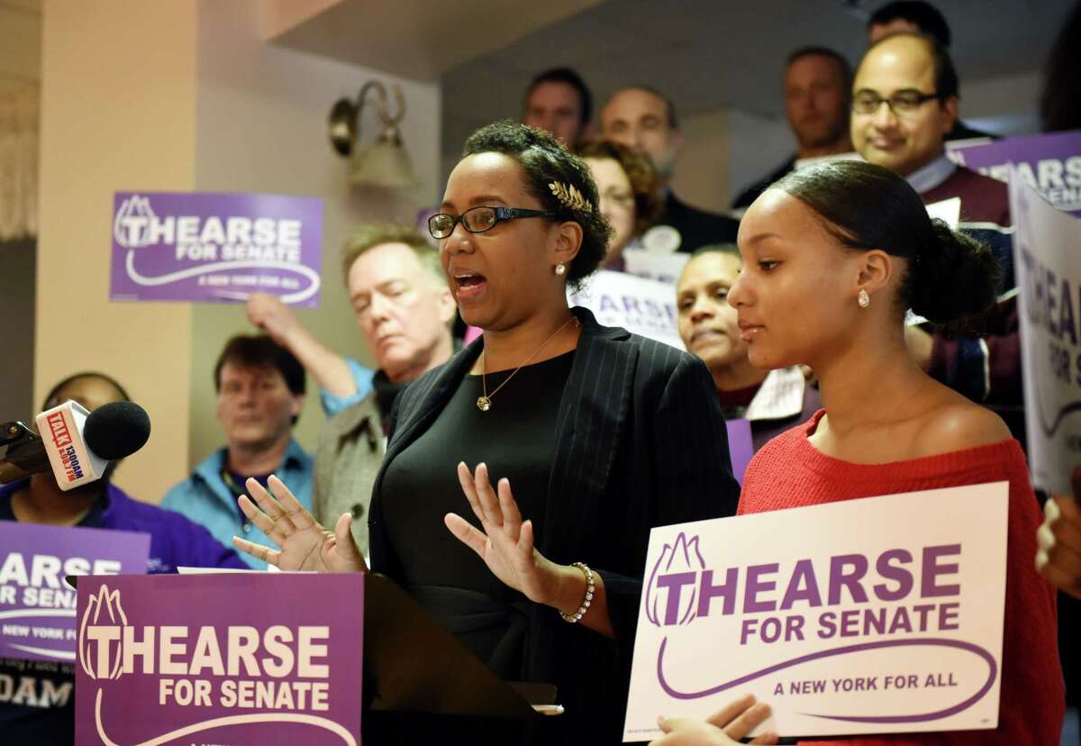 Former Democratic Schenectady mayoral candidate Thearse McCalmon announces her bid to challenge Sen. James Tedisco for the 49th Senate seat on Monday, Feb. 17, 2020, during a press conference in Schenectady, N.Y. (Will Waldron/Times Union)