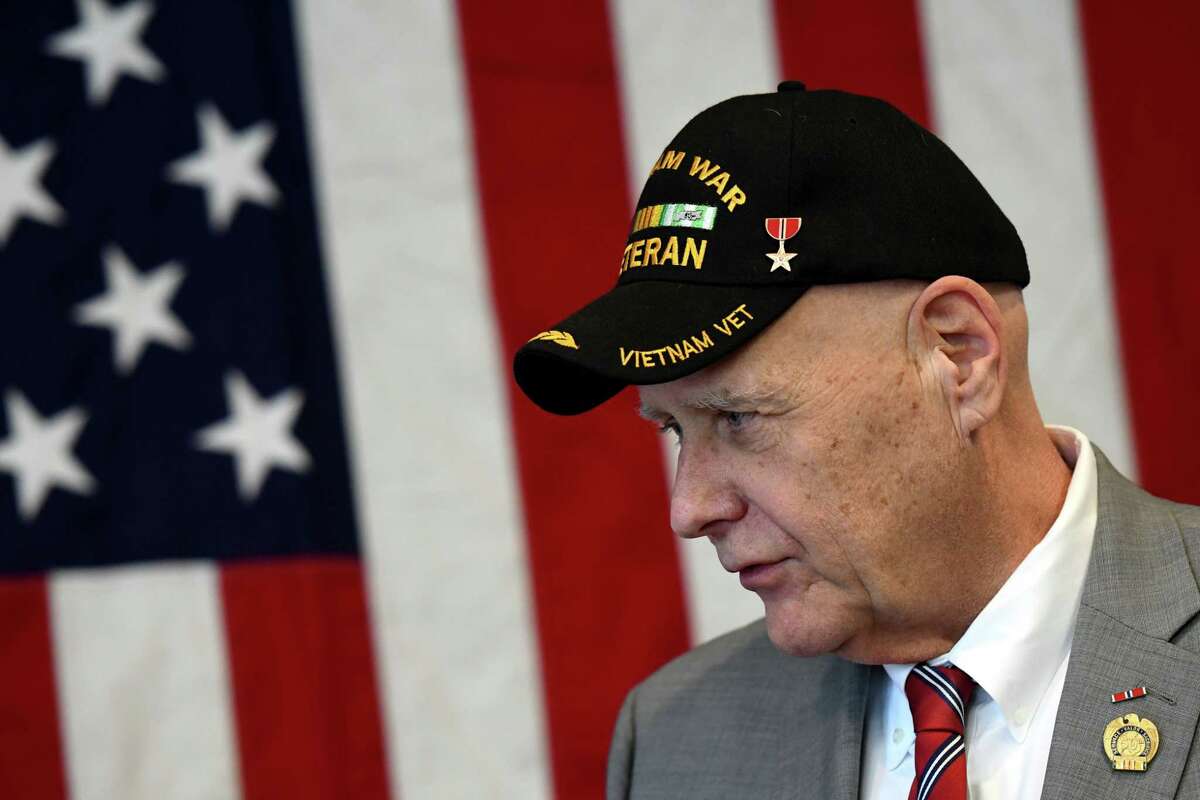 Vietnam War veteran Emil Backer joined U.S. Sen. Charles Schumer during a press conference where Sen. Schumer urged the federal government to add conditions to the list of ailments caused by Agent Orange on Monday, Feb. 17, 2020, at the Joesph E. Zaloga American Legion Post in Colonie, N.Y. (Will Waldron/Times Union)