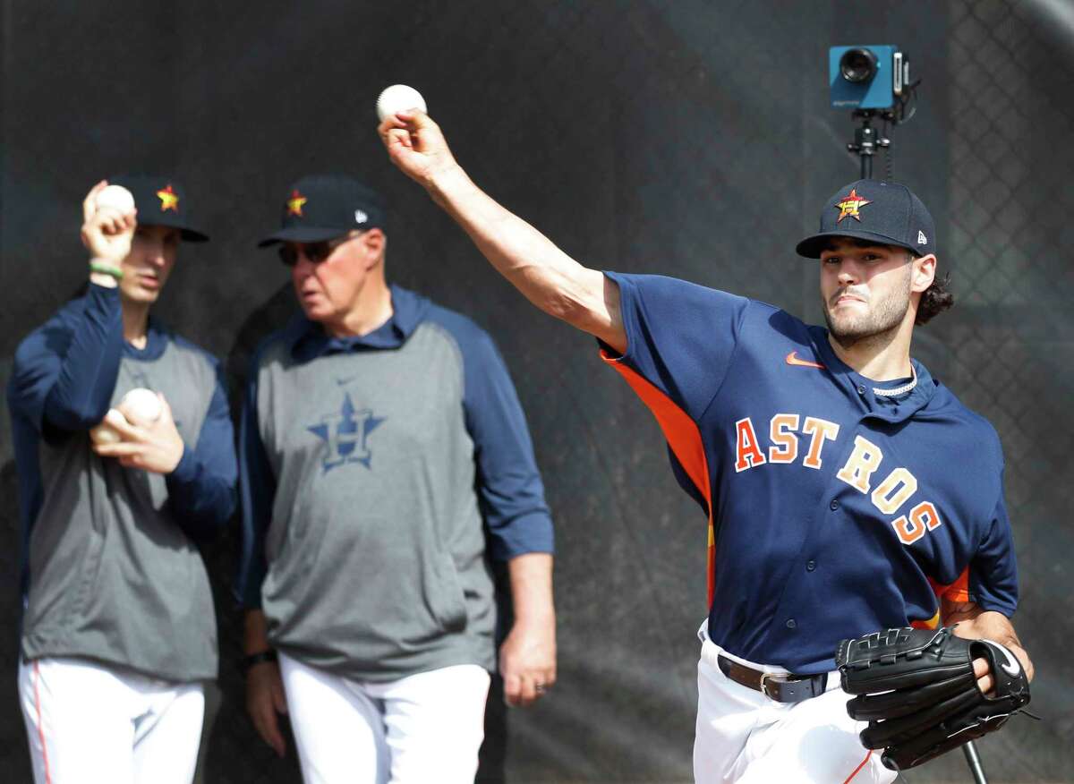 Houston Astros pitcher Lance McCullers Jr. (43) throws during the first full-squad Houston Astros spring training workout at the Fitteam Ballpark of The Palm Beaches, in West Palm Beach , Monday, Feb. 17, 2020.