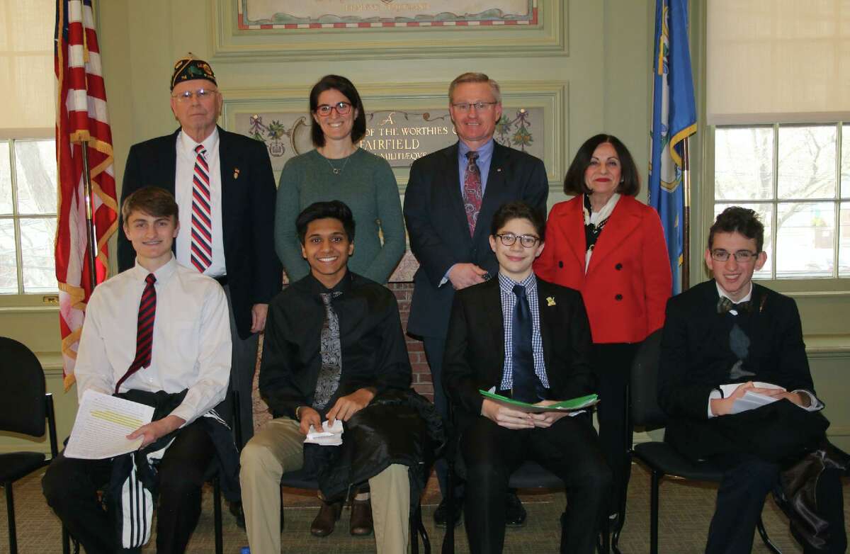 American legion High School Oratory 2020 finalists and judges are, in back from left, Leonard Schroeder, Cristin McCarthy Vahey, Richard Miller and Toni Boucher. In front are Ethan McGinnis, Archit Bhargave, Zachary Rybchin, and Aidan Harrison Hall.