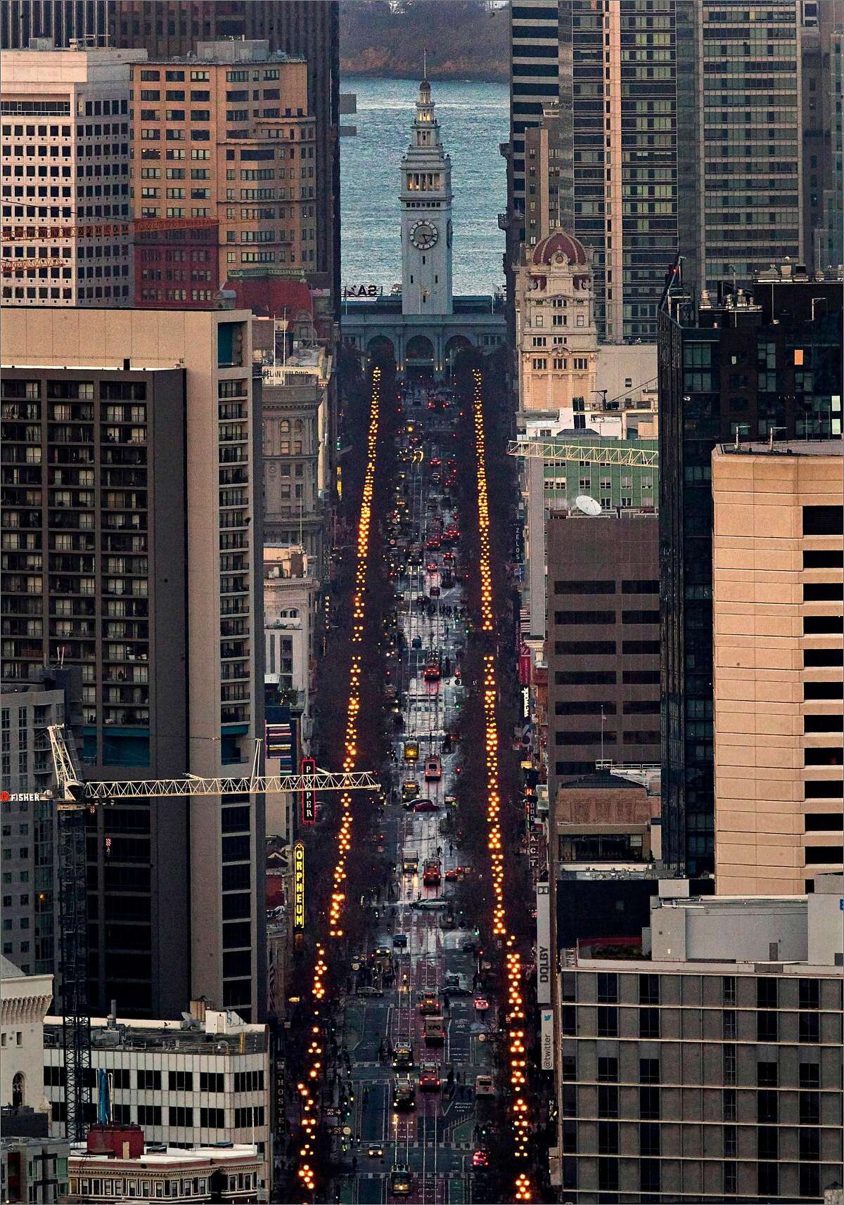 Market Street as seen from Twin Peaks in San Francisco, Calif., on Monday, January 27, 2020. Beginning Wednesday, private vehicles will no longer be permitted to drive on Market Street from Van Ness Avenue to Steuart Street.
