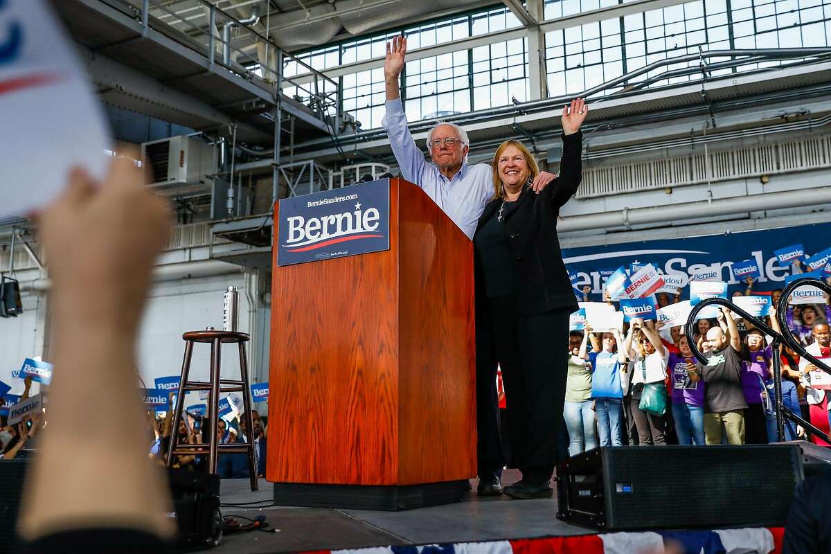Democratic presidential candidate Sen. Bernie Sanders and his wife Jane O�Meara Sanders wave to the crowd at the end of speech during a campaign event on Monday February 17, 2020 in Richmond, California.
