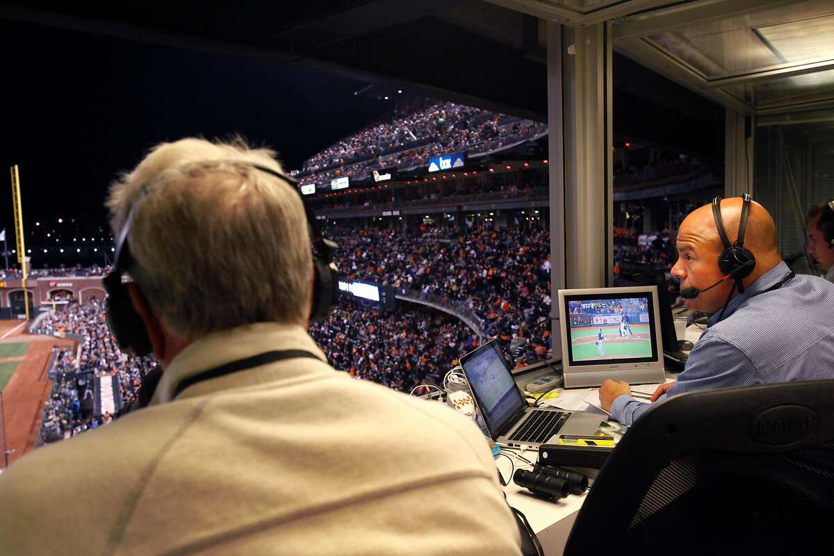 Announcers Ken Korach, left, and Vince Cotroneo broadcast live during Game 2 of the Bay Bridge series between the San Francisco Giants and the Oakland A's March 28, 2014 at AT&T Park in San Francisco, Calif.