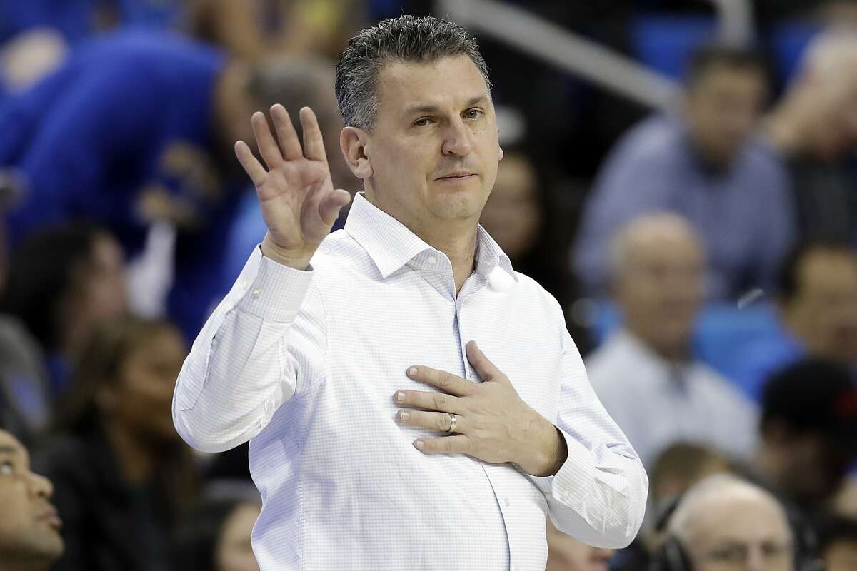 Washington State coach Kyle Smith signals during the second half of the team's NCAA college basketball game against UCLA on Thursday, Feb. 13, 2020, in Los Angeles. (AP Photo/Marcio Jose Sanchez)