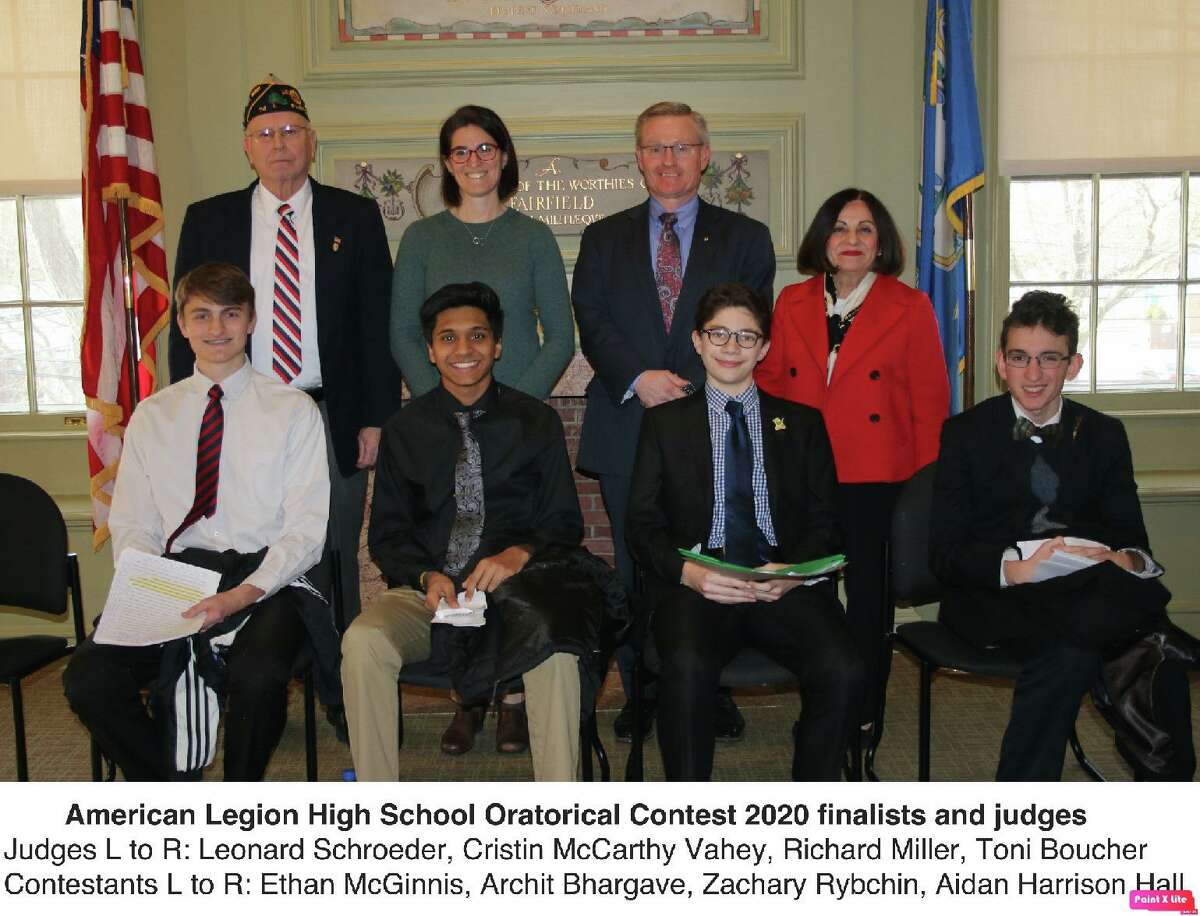 American Legion High School Oratorical Contest finalists, front, left to right, Ethan McGinnis, Archit Bhargave, Zachary Rybchin and Aidan Harrison Hall. The judges are, rear, left to right, are Leonard Schroeder, Cristin McCarthy Vahey, Richard Miller and Toni Boucher.