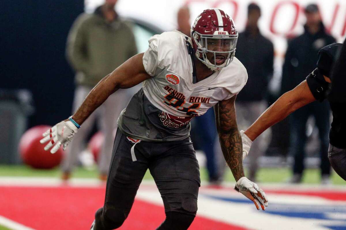 South linebacker Terrell Lewis of Alabama (24) participates in drills as the South squad practices for the Senior Bowl Thursday, Jan. 23, 2020, in Mobile, Ala. (AP Photo/Butch Dill)