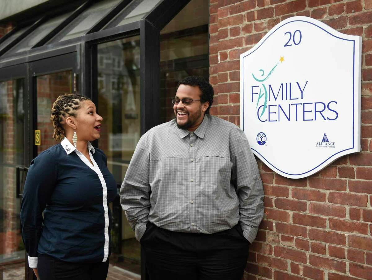 Family Centers Reaching Independence Through Employment (RITE) Program Coordinator Darian Jones chats with his client Mia Sambo, of Greenwich, at Family Centers in Greenwich, Conn. Monday, Jan. 6, 2020. Sambo used the Family Centers RITE program to help land her dream job at an assisted living facility and start school full-time to become a social worker.