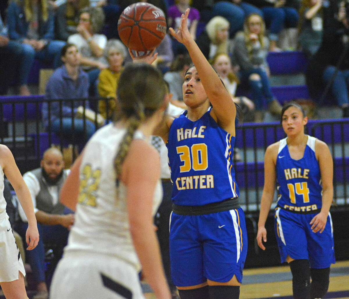 Hale Center’s Emily Rodriguez puts up the shot in the second half of a Class 2A bi-district girls basketball game against Vega on Monday, Feb. 17, 2020 at Canyon High School.