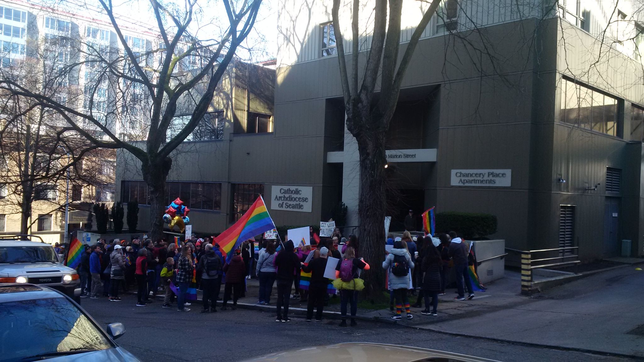 Protest At Catholic Archdiocese Over Ouster Of Gay Kennedy High Teachers