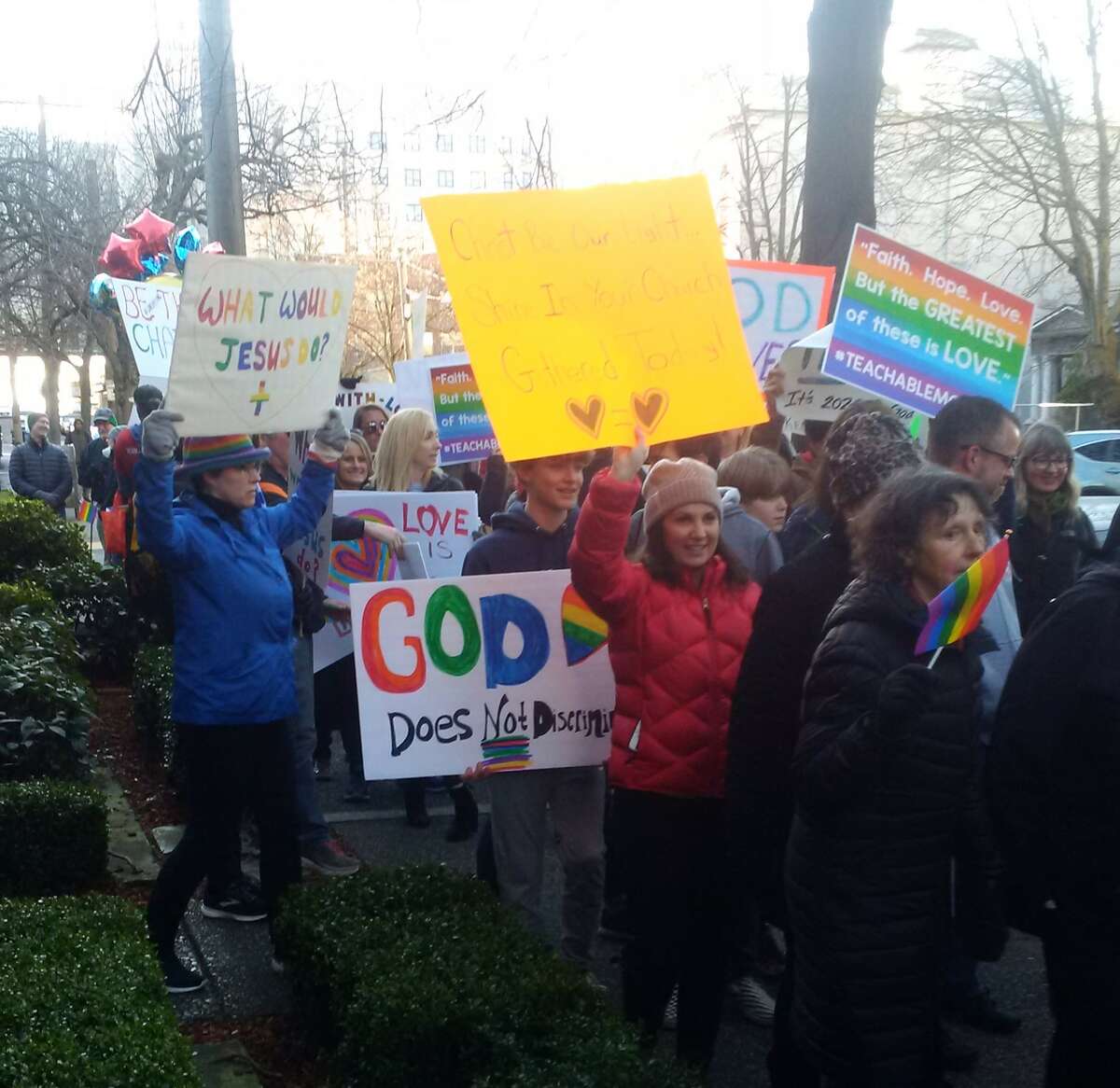 Protest at the Catholic Archdiocese of Seattle on Feb. 18.