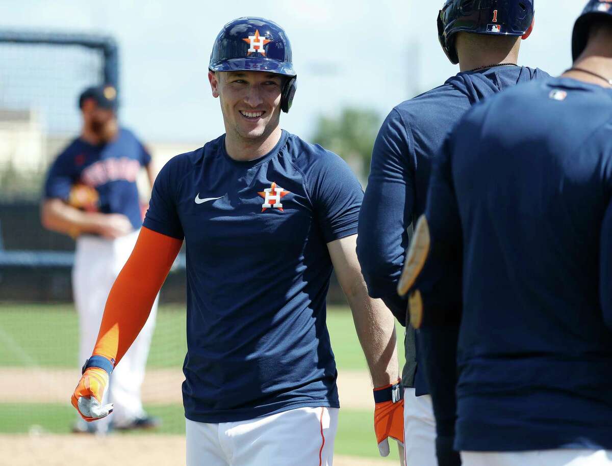 Houston Astros Alex Bregman smiles after hitting a home run off of pitcher Cy Sneed during live batting practice during the Houston Astros spring training workouts at the Fitteam Ballpark of The Palm Beaches, in West Palm Beach , Tuesday, Feb. 18, 2020.