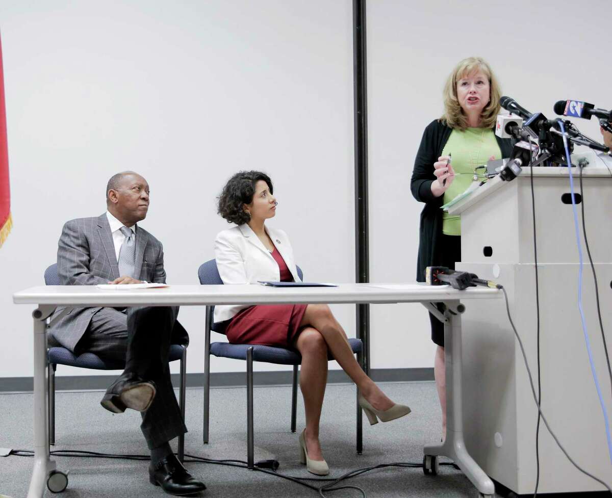 Cathy L. Lacy, regional director for the U.S. Census Bureau, addresses the media and attendees including Houston Mayor Sylvester Turner and Harris County Judge Lina Hidalgo, during a meeting on the census on July 19, 2019 in Houston.