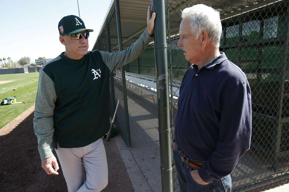 MESA, AZ - FEBRUARY 20: Director of Player Development Keith Lieppman of the Oakland Athletics talks with Broadcaster Ken Korach during a spring training workout at Fitch Park on February 20, 2018 in Mesa, Arizona. (Photo by Michael Zagaris/Oakland Athletics/Getty Images) *** Local Caption *** Keith Lieppman;Ken Korach