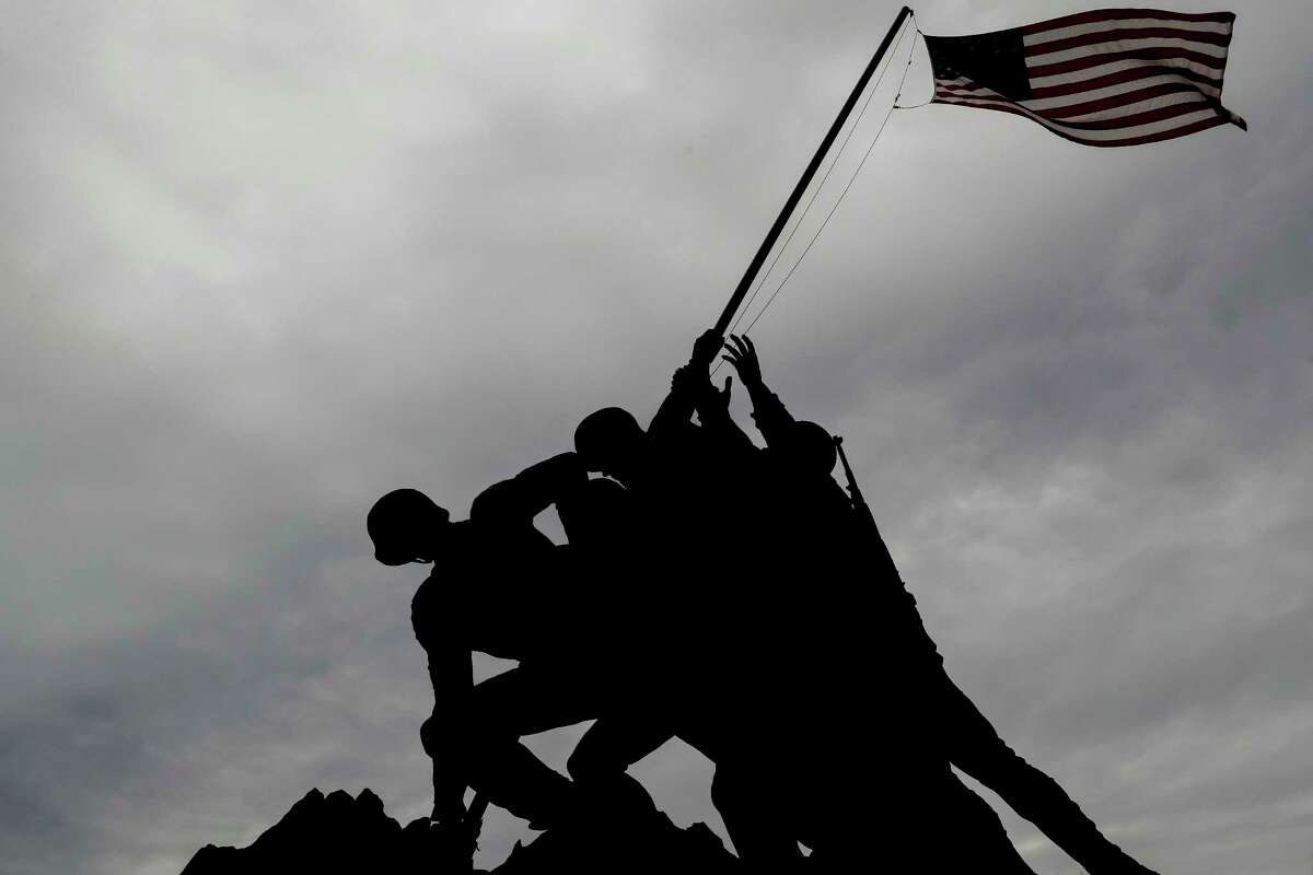 The U.S. Marine Corps Memorial, Tuesday, Feb. 18, 2020, in Arlington, Va., Wednesday, Feb. 19, marks the 75th anniversary of the start of the Battle of Iwo Jima, the bloodiest in Marine Corps history with nearly 7,000 killed and 21,000 wounded. (AP Photo/Andrew Harnik)