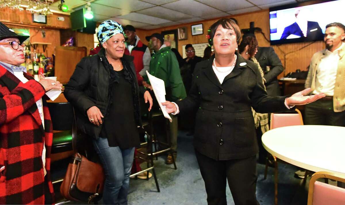 Incumbent New Haven Mayor Toni Harp gives her concession speech to supporters at the IBPOEW East Rock Lodge Elks No. 141 Social Club in New Haven after being defeated by Democratic challenger Justin Elicker in 2019.