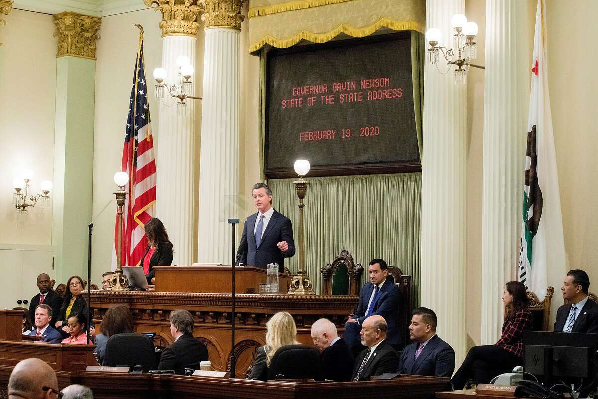 California Governor Gavin Newsom delivers his annual State of the State Address held in the Assembly Chambers of California's State Capitol in Sacramento, Calif. Wednesday, February 19, 2020.