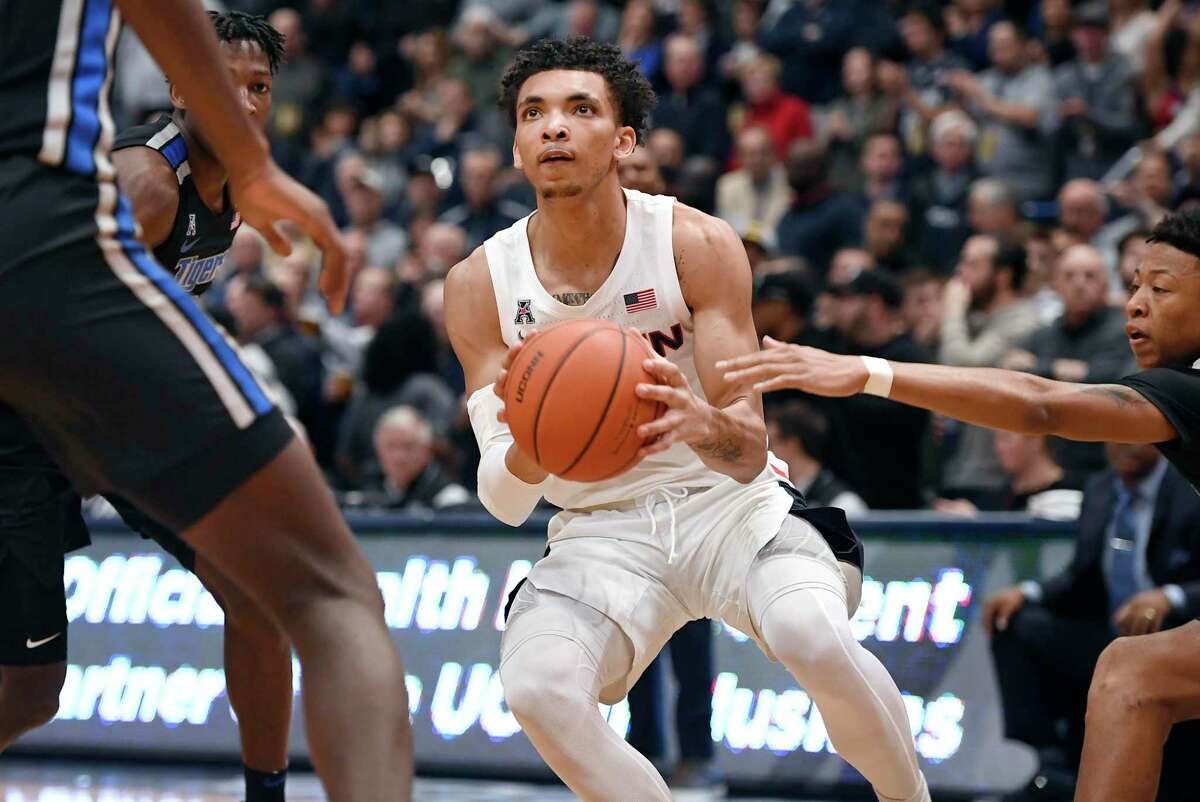 Connecticut's James Bouknight in the first half of an NCAA college basketball game, Sunday, Feb. 16, 2020, in Hartford, Conn. (AP Photo/Jessica Hill)