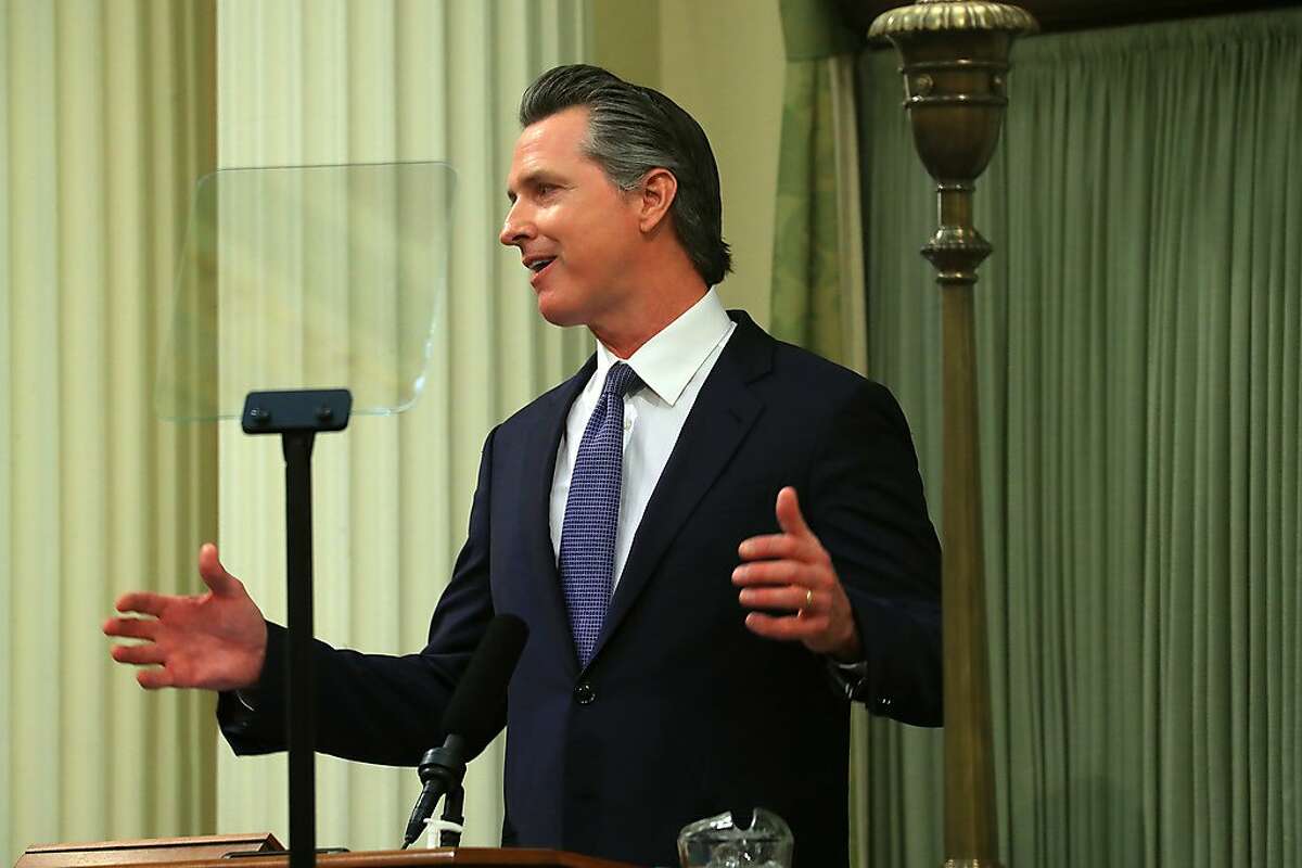 California Gov. Gavin Newsom, a Democrat, delivers his state of the state address at the California Capitol in Sacramento, Wednesday, Feb. 19, 2020. Newsom dedicated his entire address to the homeless crisis and housing in California. (Jim Wilson/The New York Times)