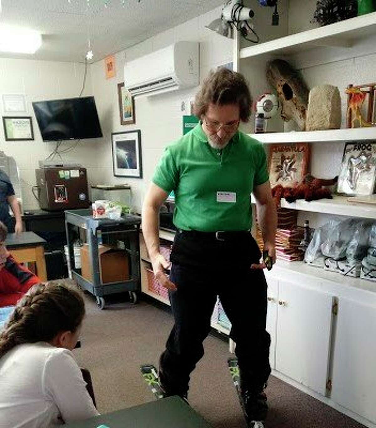 Dr. Edmund Stark, a researcher from MSU St. Andrews, gives St. John's Lutheran School students a demonstration of the physics of skiing. (Photo provided)
