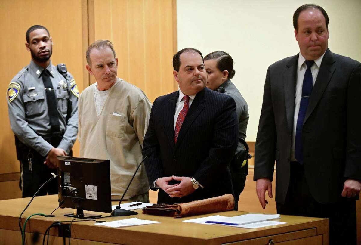 Kent Mawhinney, 54, appears in Stamford court with his attorneys to enter a plea to a conspiracy to commit murder charge in connection with the death of Jennifer Dulos Thursday, February 20, 2020, in Stamford, Conn.