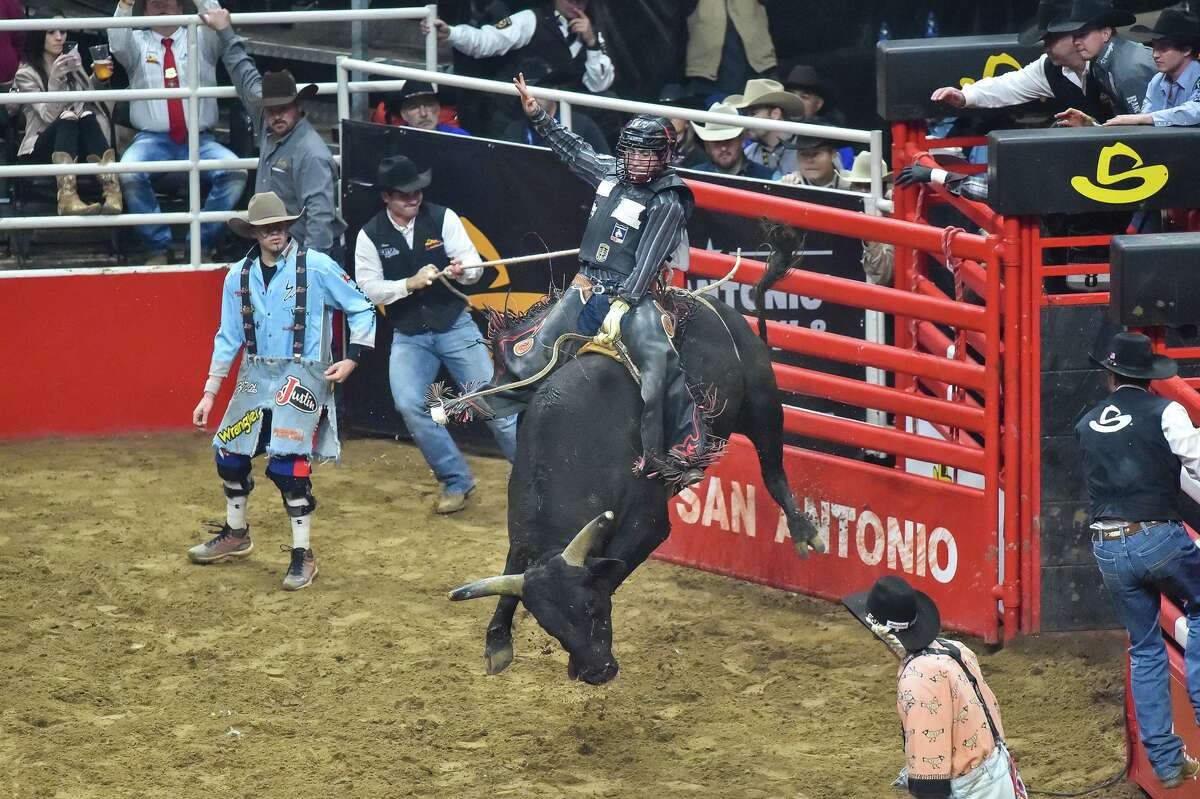 Ruger Piva of Challis, Idaho, comes out of the chute during the 2019 Xtreme Bulls event at the San Antonio Stock Show and Rodeo. On Wednesday, Piva was the only competitor to complete a qualified ride in bull riding, earning the entire $13,000 purse.