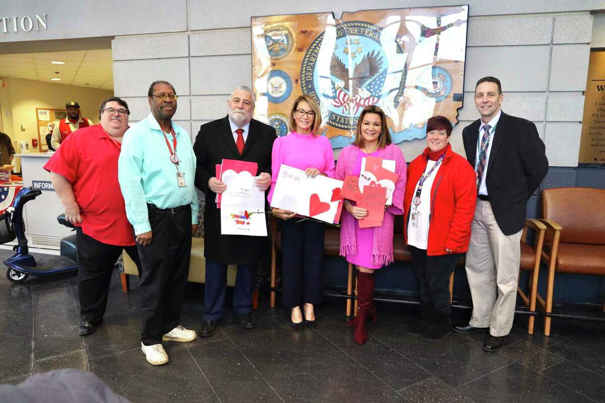 Local lawmakers Mark Frazee, John Daniels, State Rep. Charles Ferraro, State Rep. Themis Klarides, State Rep. Nicole Klarides-Ditria and Sharron Stone delivered handmade valentines to veterans at the West Haven VA on Friday, Feb. 14. The Valentine’s Day cards were made by local school children at Laurel Ledge Elementary School, Beacon Falls; Bradley School, Derby; Turkey Hill School, Orange; Mathewson Elementary School, Milford; Bungay Elementary School, Seymour; Alma E. Pagels Elementary School, West Haven; and Beecher Road School, Woodbridge.