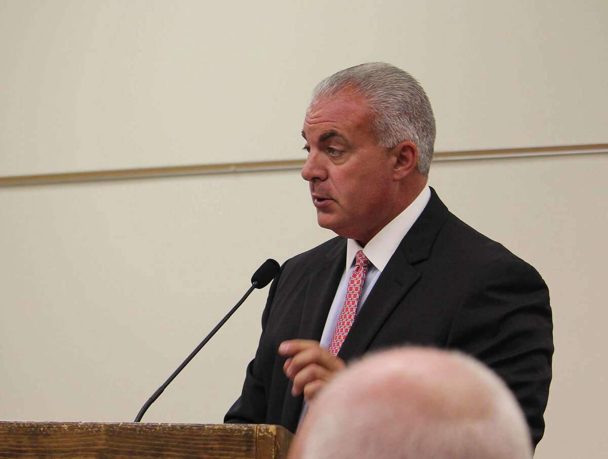 Director of School Business Operations Elio Longo speaks at an Aug. 2, 2017 Board of Finance meeting in Westport, Conn.