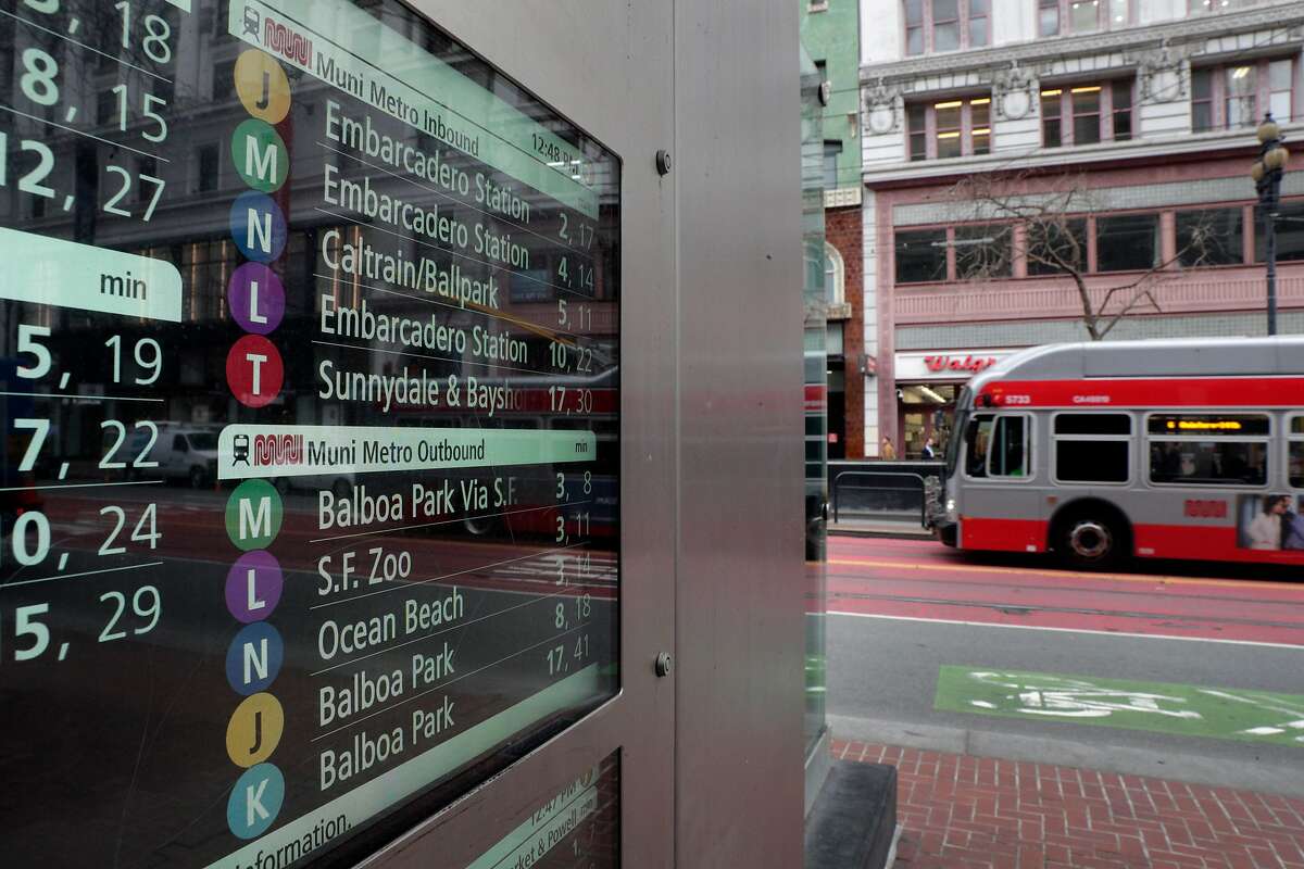 A SF MUNI bus passes by the Powell Street BART station where a digital transit schedule on the canopy like the ones proposed for all Market Street stands over the entrance in San Francisco, Calif., on Tuesday, January 21, 2020. BART's board is set to approve a contract for 22 canopies over station entrances on Market Street. The futuristic glass barriers protect BART's stairwells and escalators from inclement weather as well as San Francisco's steady downpour of trash and hypodermic needles.Funding for the project would be granted in conjunction with an effort to replace 41 escalators.