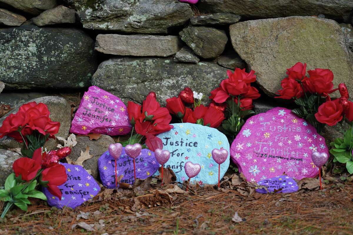 Valentines were recently placed on the informal memorial for Jennifer Dulos in Waveny Park in New Canaan.