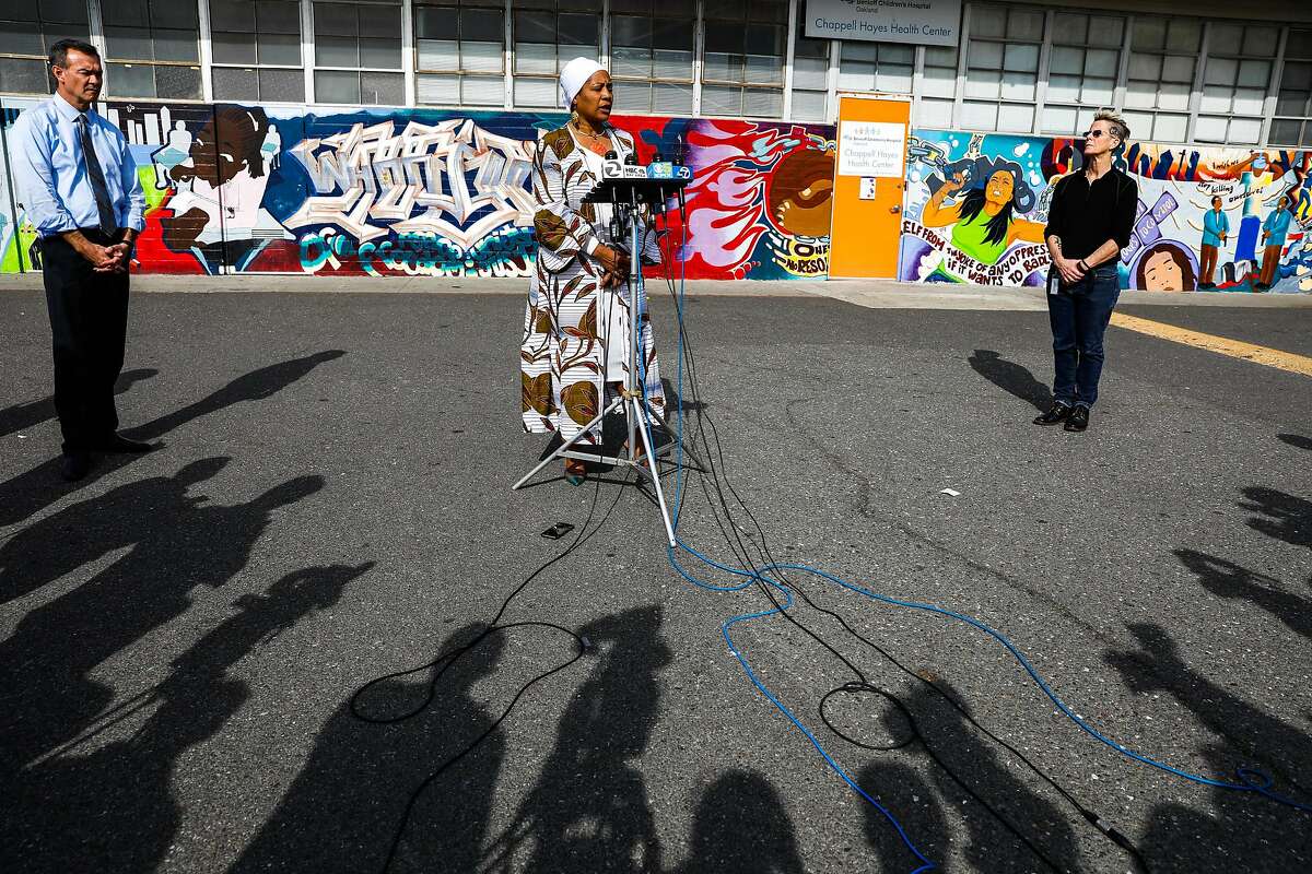 District 3 Councilmember Lynette Gibson McElhaney speaks at a press conference McClymond's High School in West Oakland on Thursday, Feb. 20, 2020. Authorities recently found a cancer-causing chemical in groundwater and the school is expected to be closed at least through Friday.