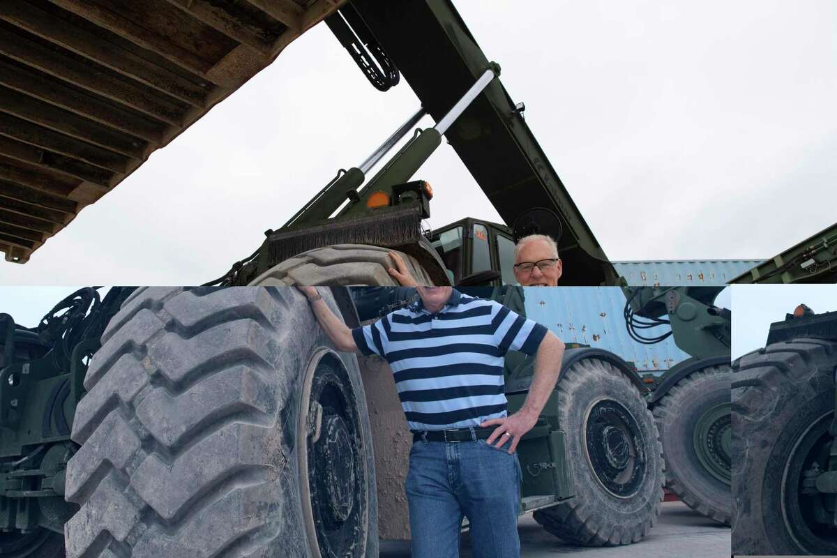 Stephen M. Speakes, CEO and president of the Independent Rough Terrain Center in Cibolo, stands by a vehicle called a Rough Terrain Container Handler, or RTCH, on Tuesday, Feb. 18, 2020. The company manufactures and refurbishes the vehicles, which are used by the military and industry to lift and move shipping containers in less than ideal conditions.
