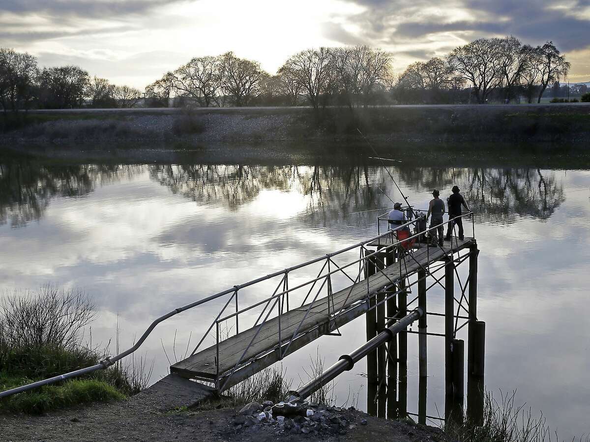 FILE - In this Feb. 23, 2016 file photo, people try to catch fish along the Sacramento River in the San Joaquin-Sacramento River Delta, near Courtland, Calif. California officials sued the Trump administration on Thursday, Feb. 20, 2020, to block new rules governing the Sacramento/San Joaquin River Delta. Attorney General Xavier Becerra called the new rules "scientifically challenged" and said they would push some species to extinction. (AP Photo/Rich Pedroncelli, File)
