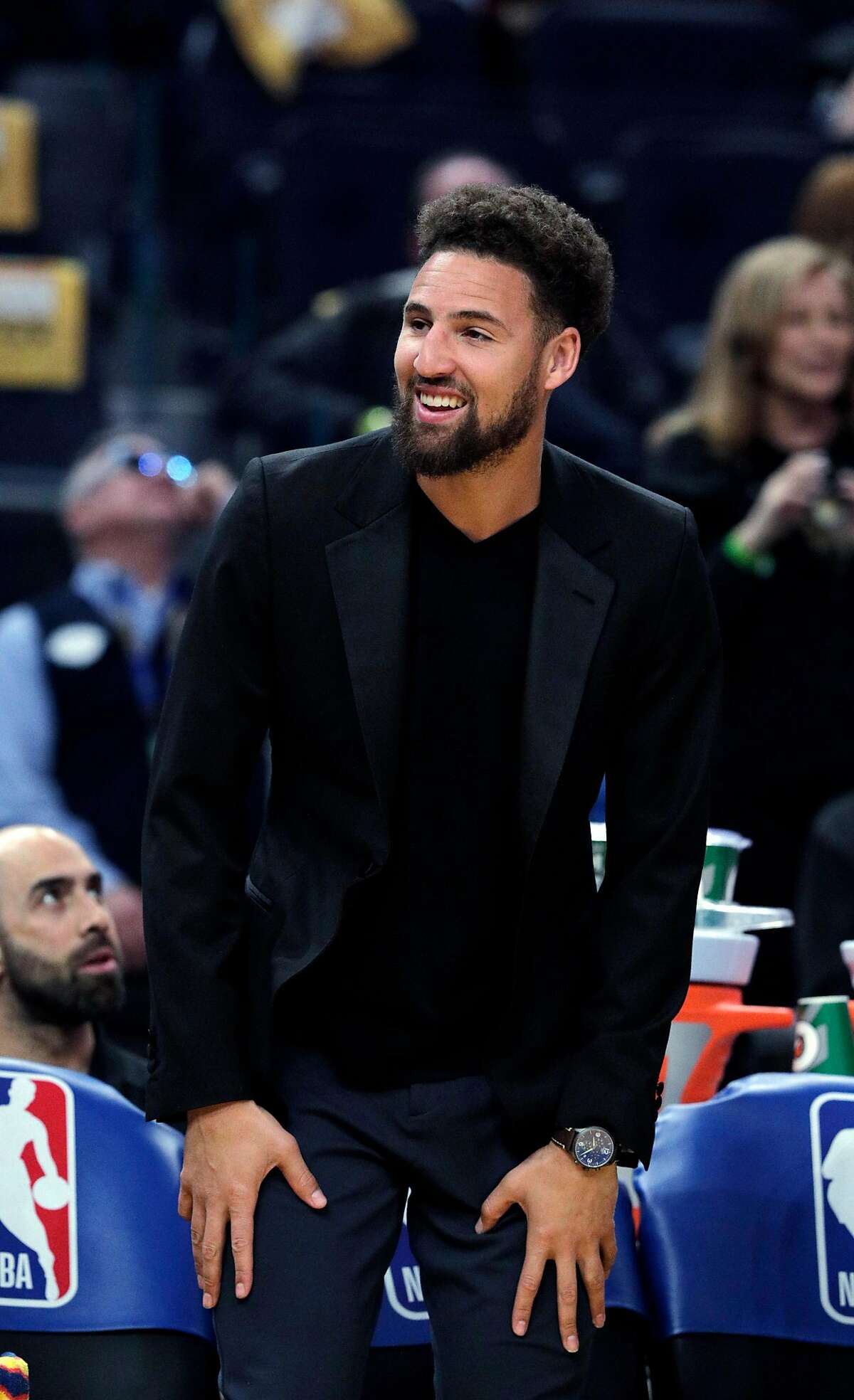 Klay Thompson (11) smiles toward fans In the first half as the Golden State Warriors played the Houston Rockets at Chase Center in San Francisco, Calif., on Thursday, February 20, 2020.