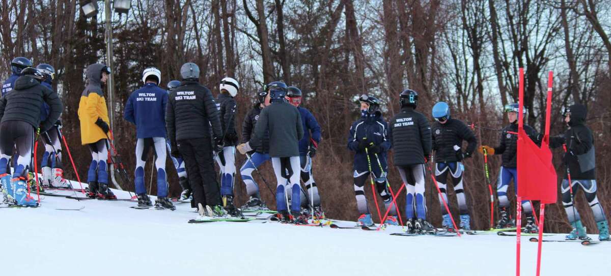 The Wilton boys ski team gathers before a recent race at Mount Southington.