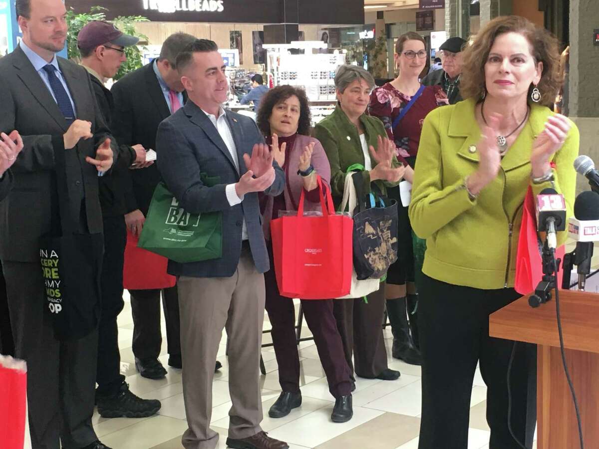 Assemblymember Pat Fahy at Crossgates Mall on Friday to promote the upcoming state ban on plastic bags that begins March 1 and will impact retailers at the mall.