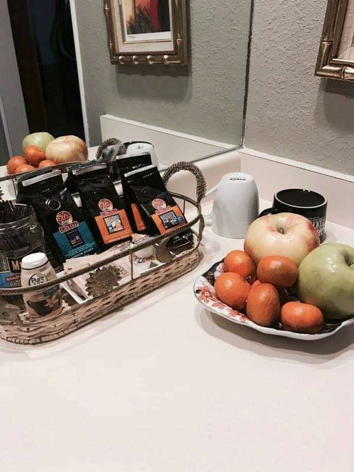 Nothing says homey like a basket containing coffee and fruit like this one that Eileen Pace puts out for guests.