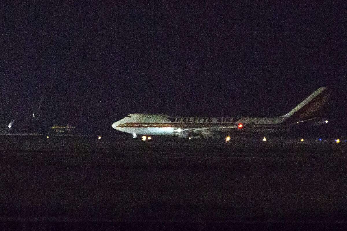 A plane carrying American passengers, who were recently released from the Diamond Princess cruise ship in Japan, arrives at Travis Air Force Base in California on February 16, 2020. - The charter flight touched down at the base 40 miles (70 kilometers) northeast of San Francisco, an AFP photographer saw. The passengers will be quarantined at the base for 14 days. (Photo by Brittany Hosea-Small / AFP) (Photo by BRITTANY HOSEA-SMALL/AFP via Getty Images)